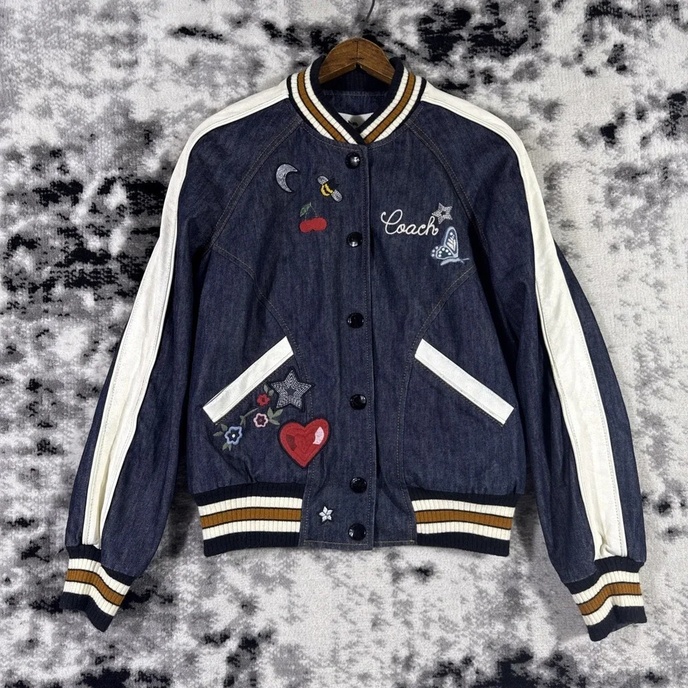 Coach Denim Varsity Jacket Womens Small Dark Wash Blue Embroidered Cutesy Girly